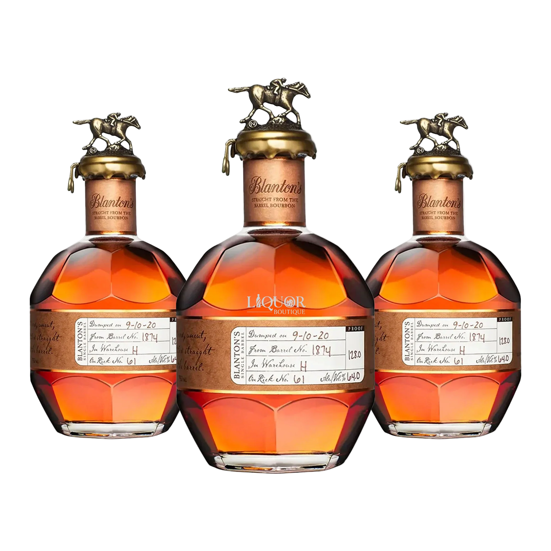 Three bottles of Blanton's bourbon whiskey on a white background