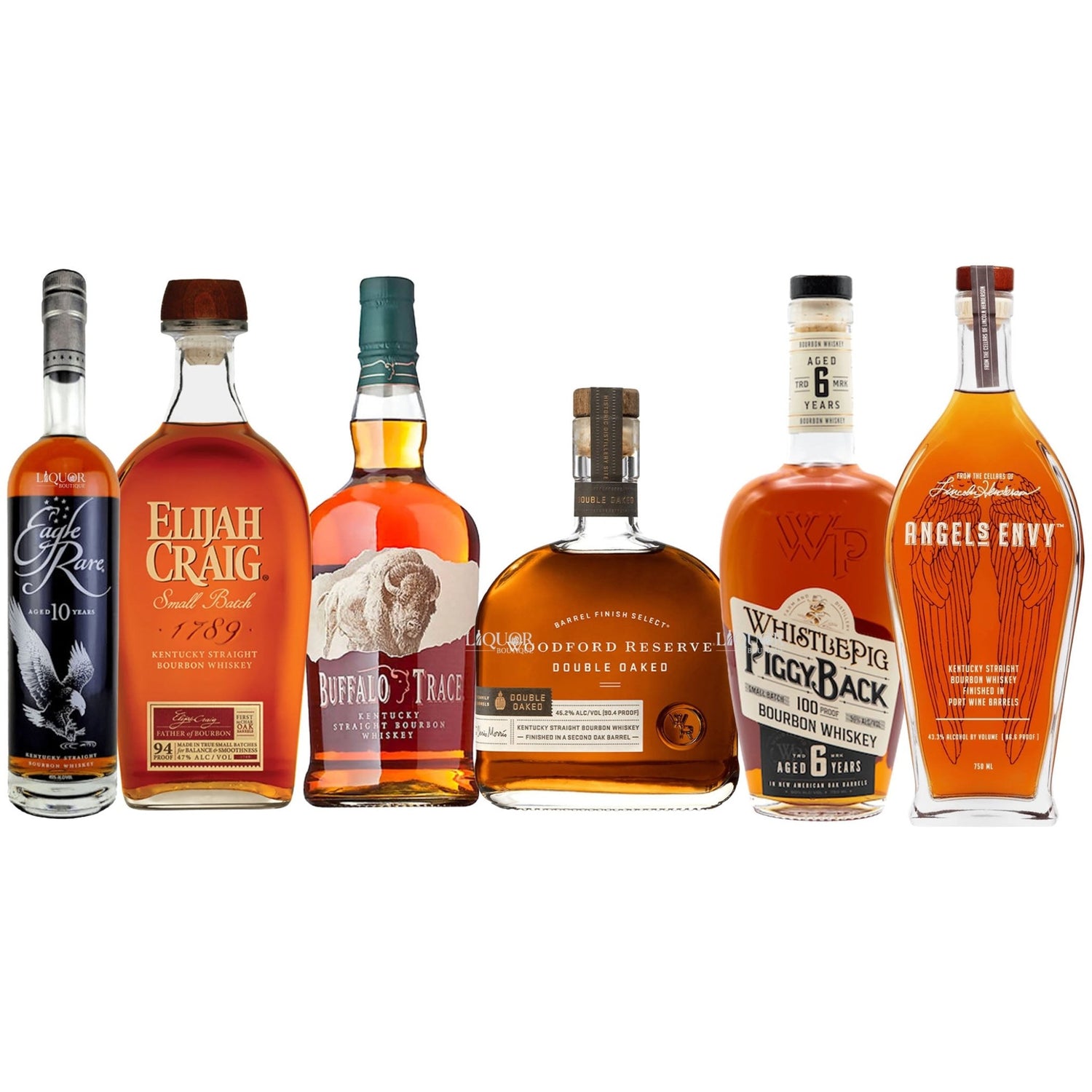 Eagle Rare, Elijah Craig Small Batch, Buffalo Trace, Woodford Reserve Double Oaked, WhistlePig PiggyBack Bourbon, & Angel’s Envy Straight Bourbon Whiskey Bundle - Liquor Boutique