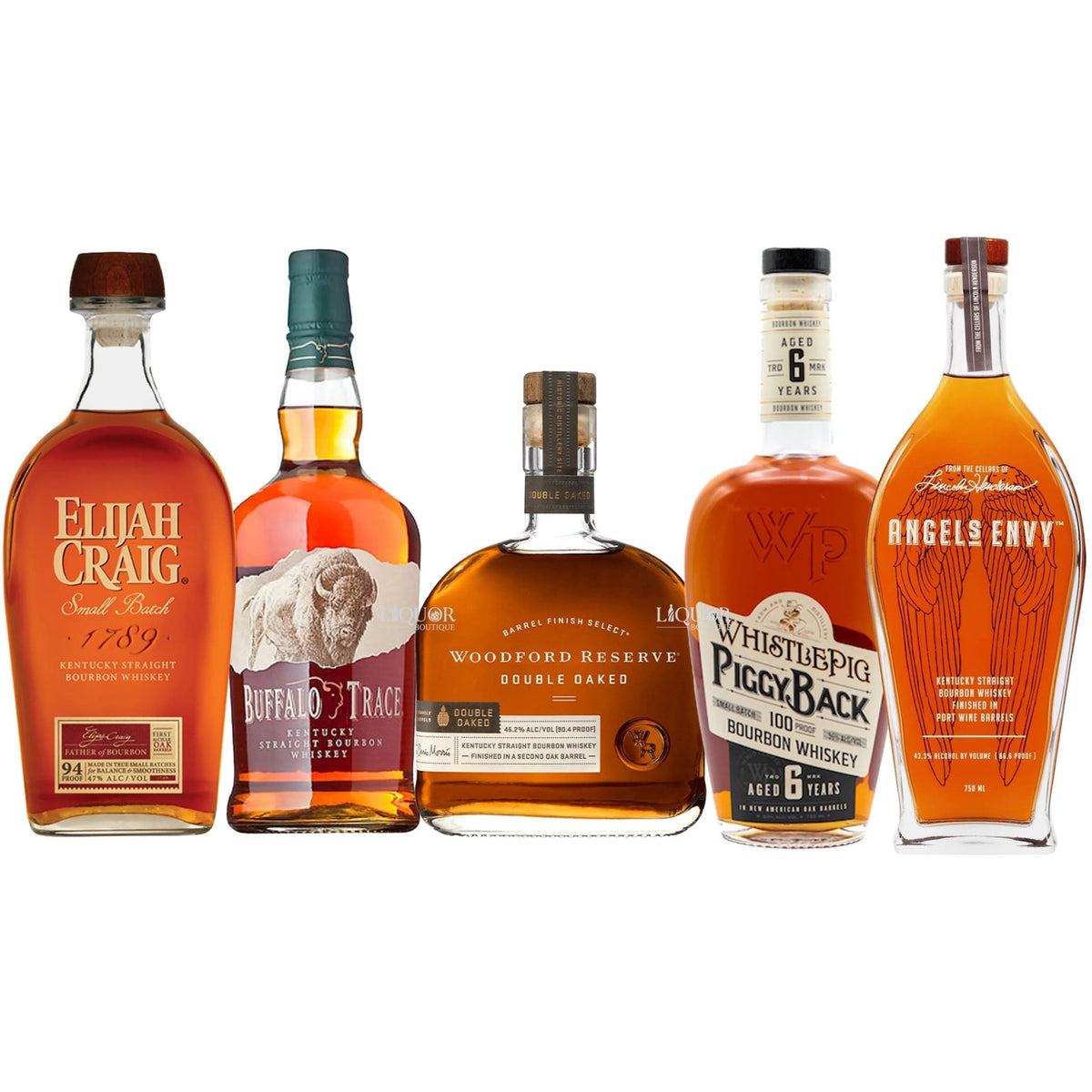 Elijah Craig, Buffalo Trace, Woodford Double Oaked, WhisltePig 6 Year, & Angel's Envy Bourbon Whiskey Bundle 750ml - Liquor Boutique