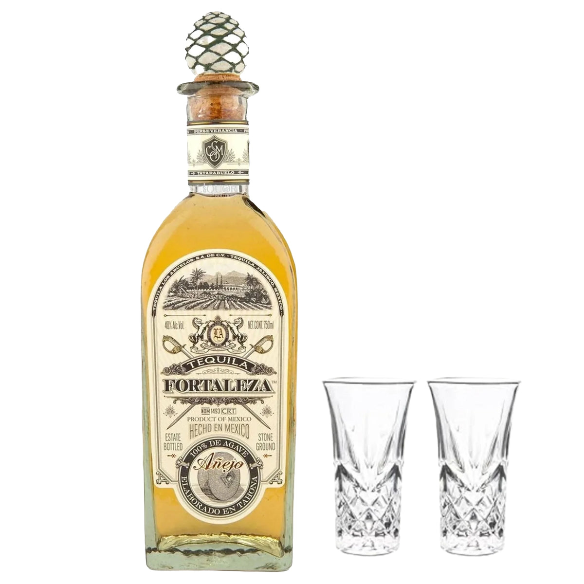 Fortaleza Anejo Tequila WIth 2 Pack Shot Glass Bundle