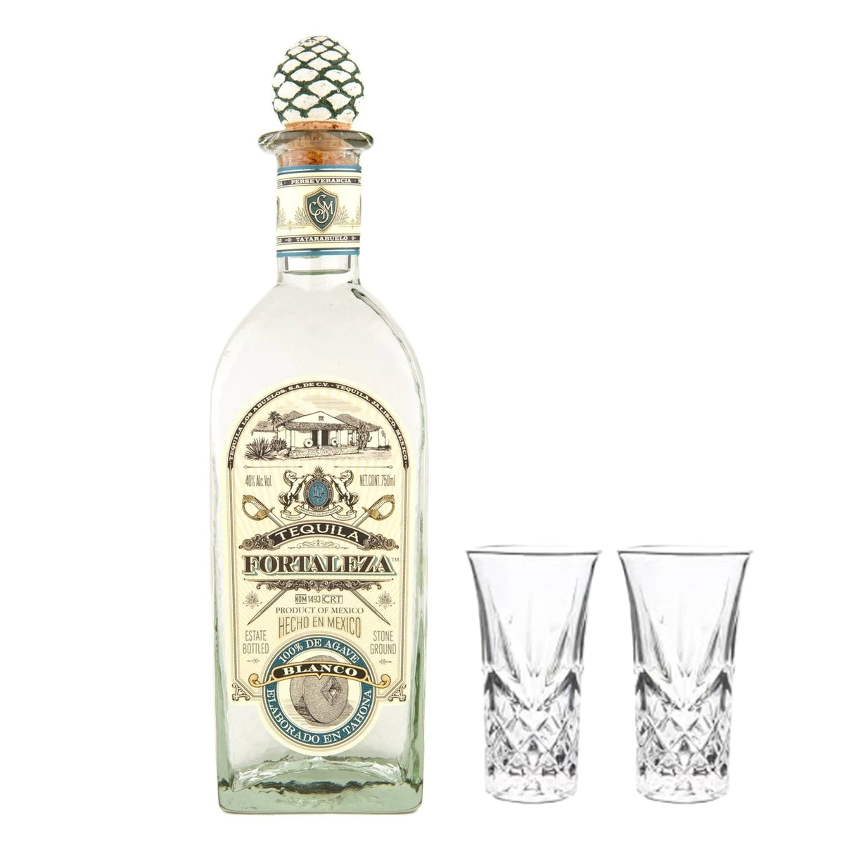 Fortaleza Blanco Tequila With 2 Shot Glasses Bundle