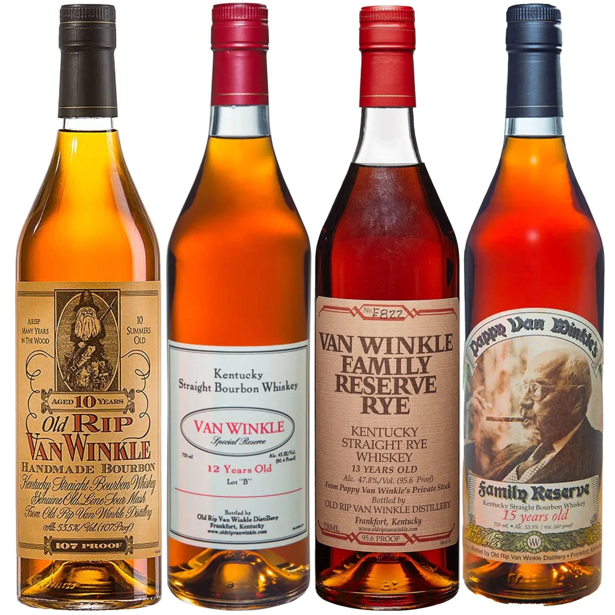 Old Rip Van Winkle 10 Year, Van Winkle 12 Years Old Lot B, Van Winkle 13 Years Old, & Van Winkle 15 Years Old Whiskey Bundle - Liquor Boutique