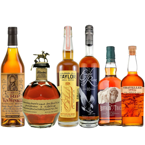 Old Rip Van Winkle, Blanton’s, E.H. Taylor Small Batch, Eagle Rare, Buffalo Trace, & Traveller Blend Whiskey Bundle - Liquor Boutique