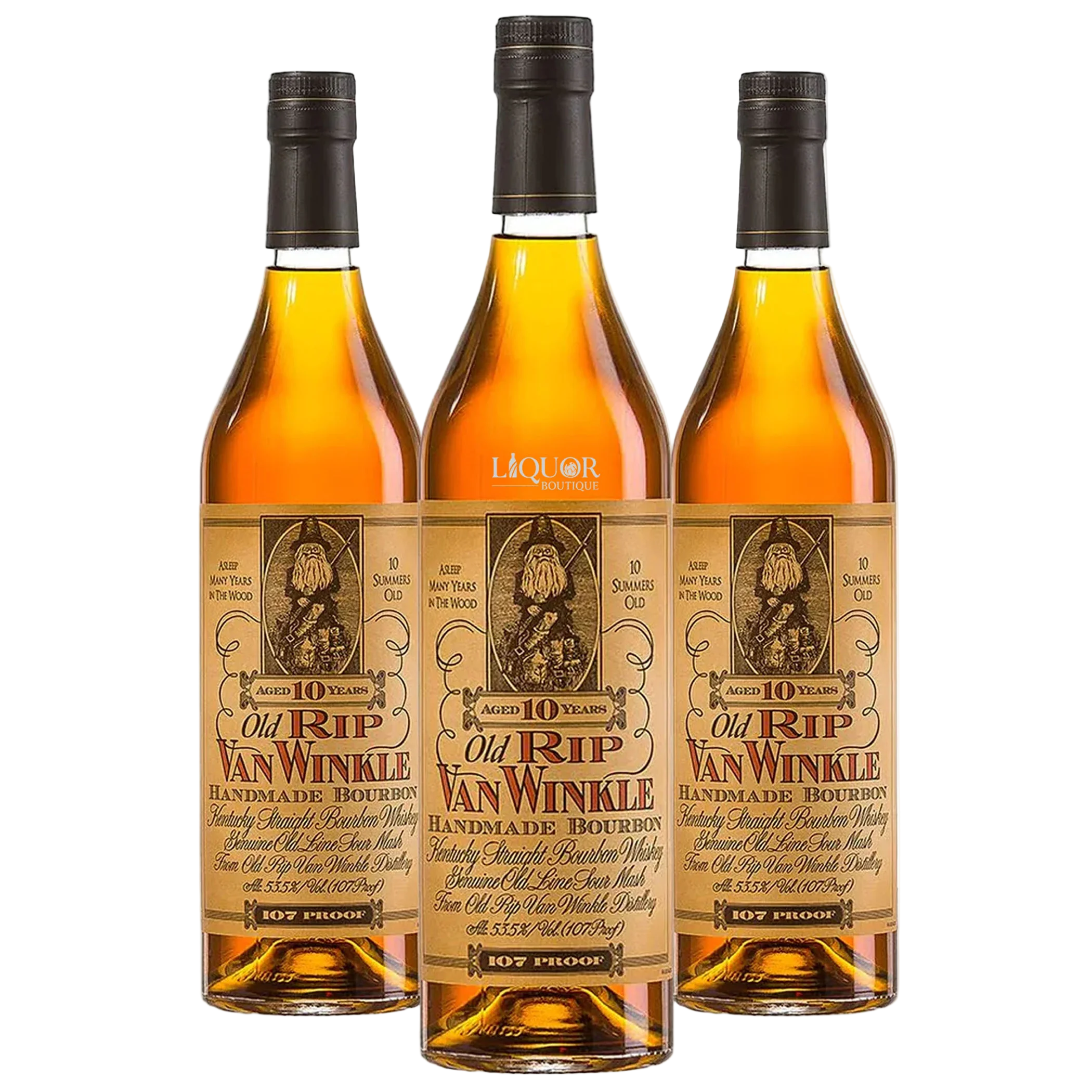 Three bottles of Old Rip Van Winkle handmade bourbon on a white background