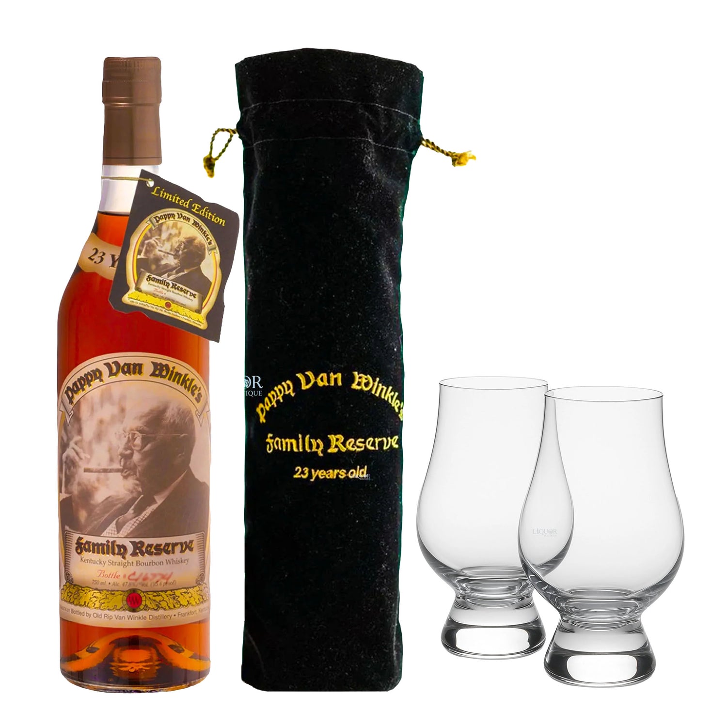 Pappy Van Winkle's Family Reserve 23 Years Old Bourbon Whiskey with Glencairn Glass Set