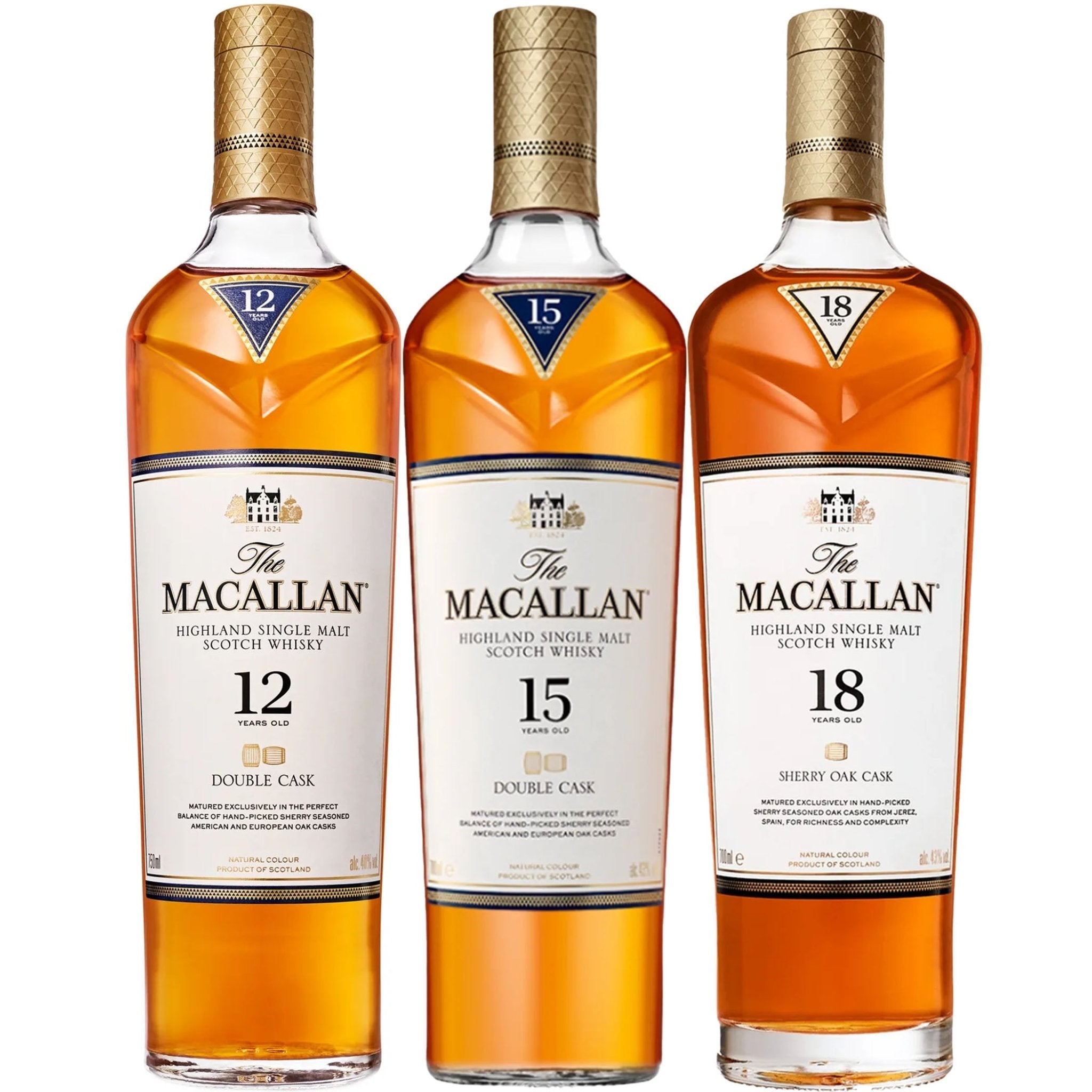 The Macallan, 12, 15, & 18 Years Old Scotch Whiskey Bundle - Liquor Boutique