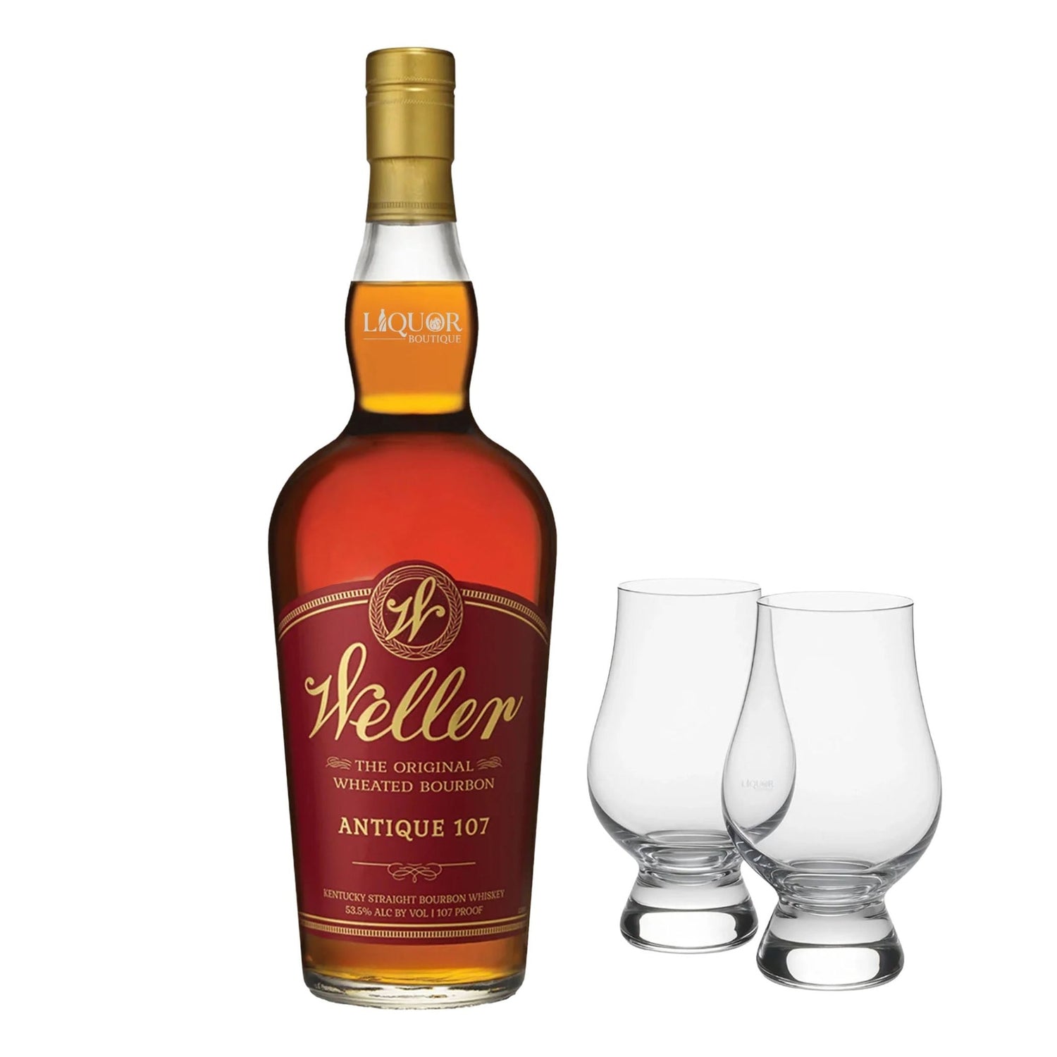 W.L. Weller Antique 107 Bourbon Whiskey with Glencairn Glass Set - Liquor Boutique