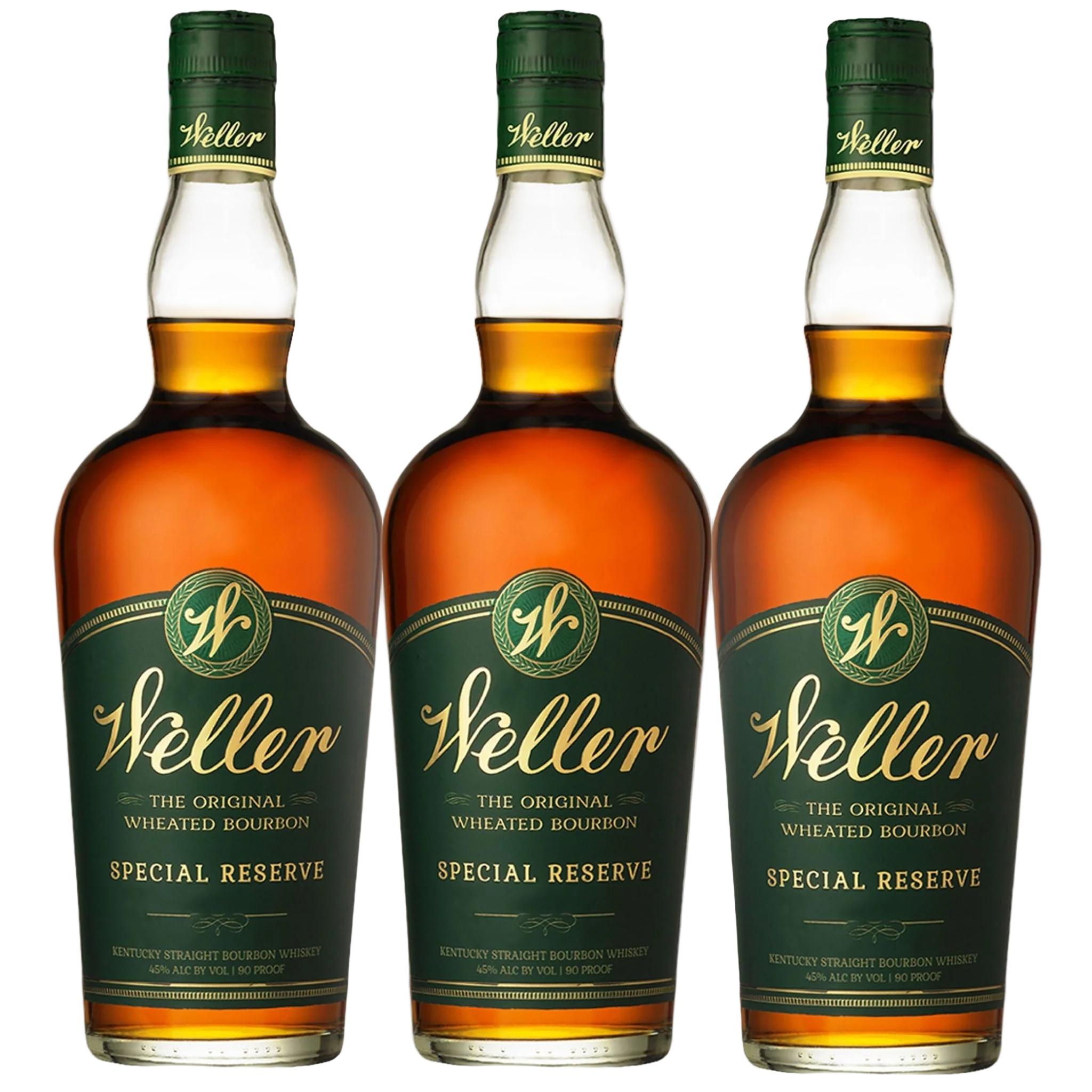 Three bottles of Weller Special Reserve bourbon on a white background