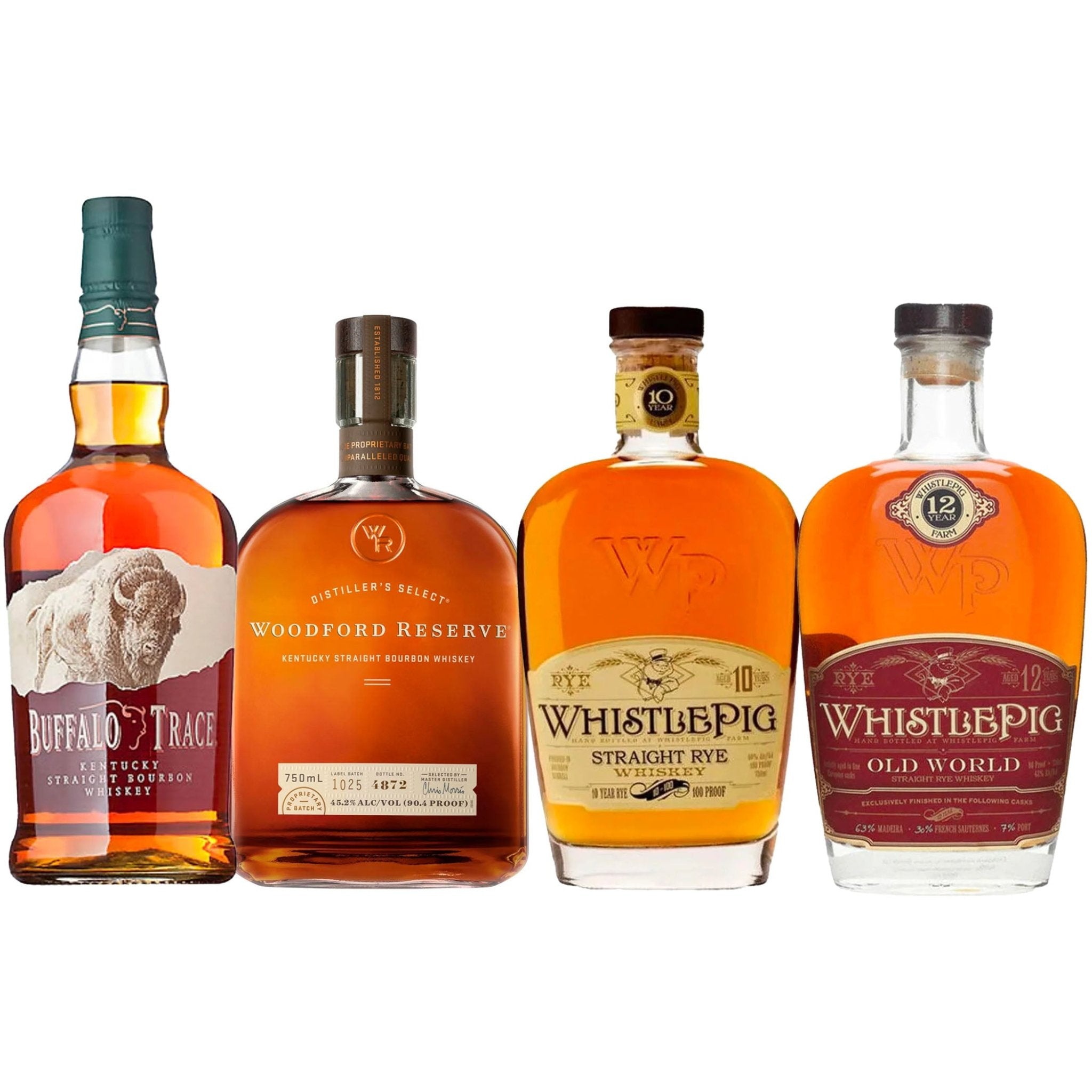 Buffalo Trace, Woodford Reserve Straight, Whistle Pig 10, &amp; 12