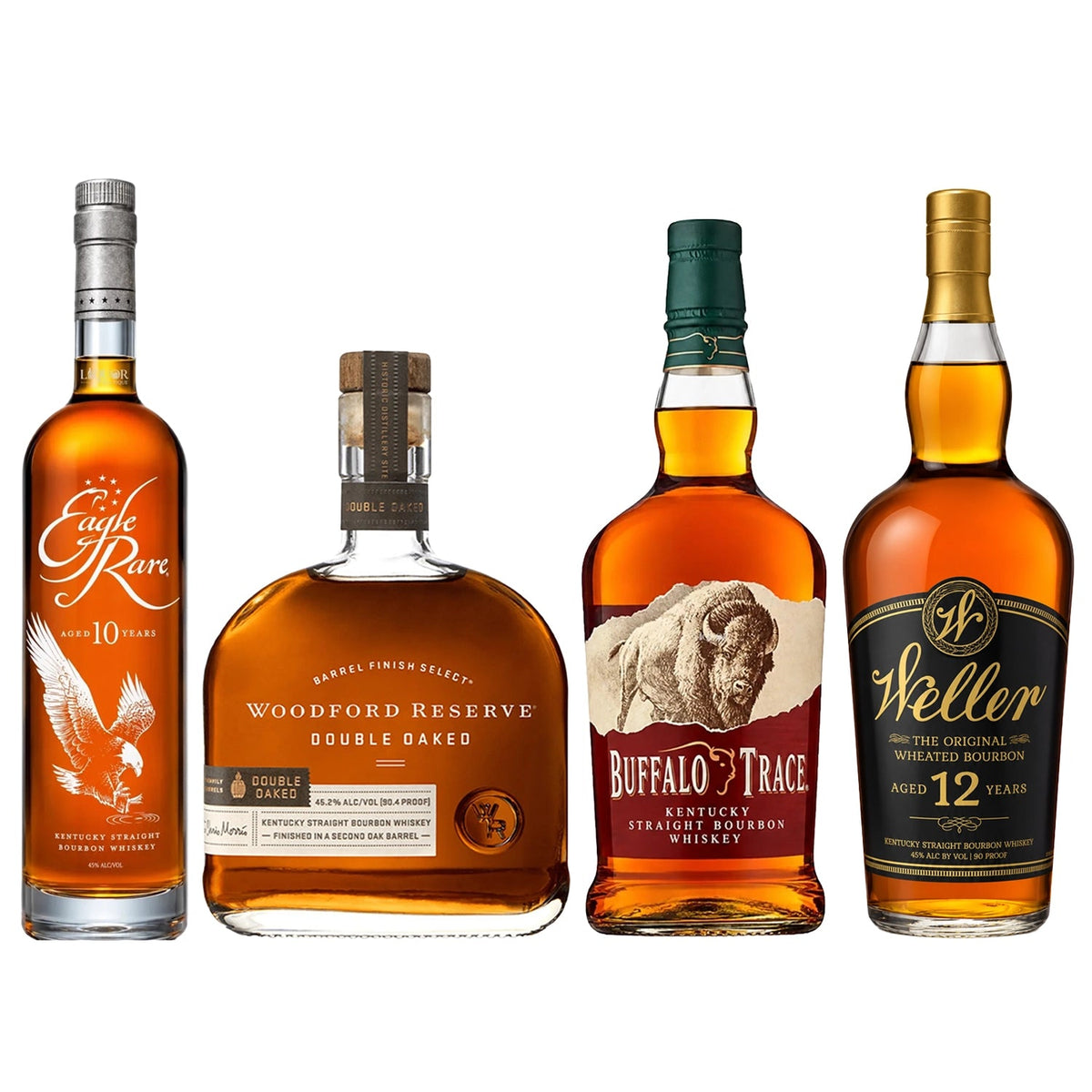Eagle Rare 10 Year, Woodford Reserve Double Oaked, Buffalo Trace & Weller 12 Year Bourbon Whiskey Bundle 750ml - Liquor Boutique