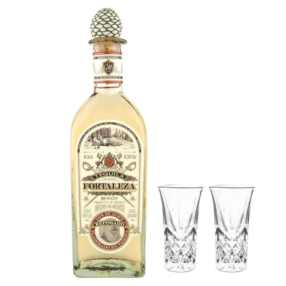 Fortaleza Reposado Tequila With 2 Shot Glasses Bundle