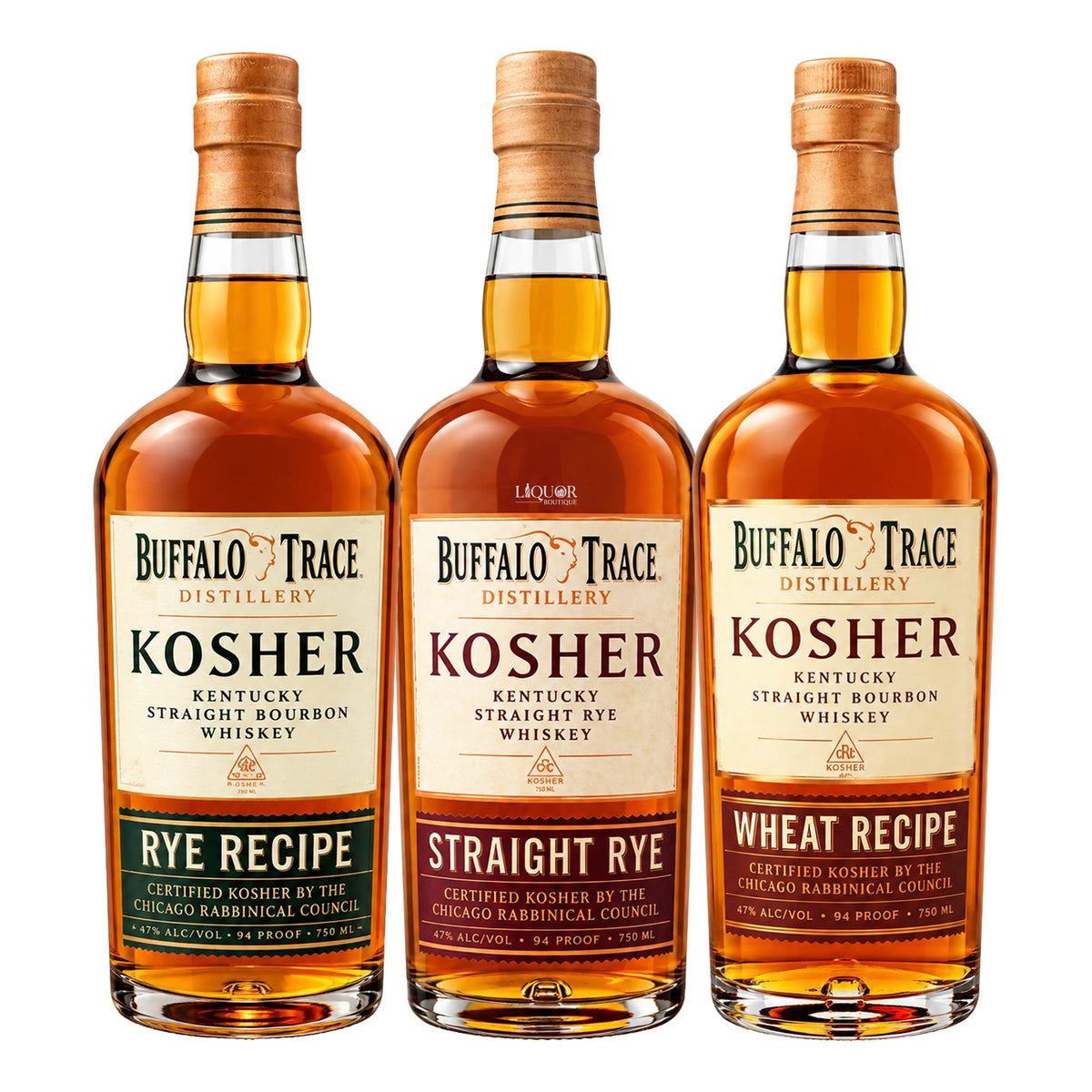 Buffalo Trace Kosher Rye Recipe, Wheat Recipe &amp; Straight Rye Whiskey Bundle 750ml