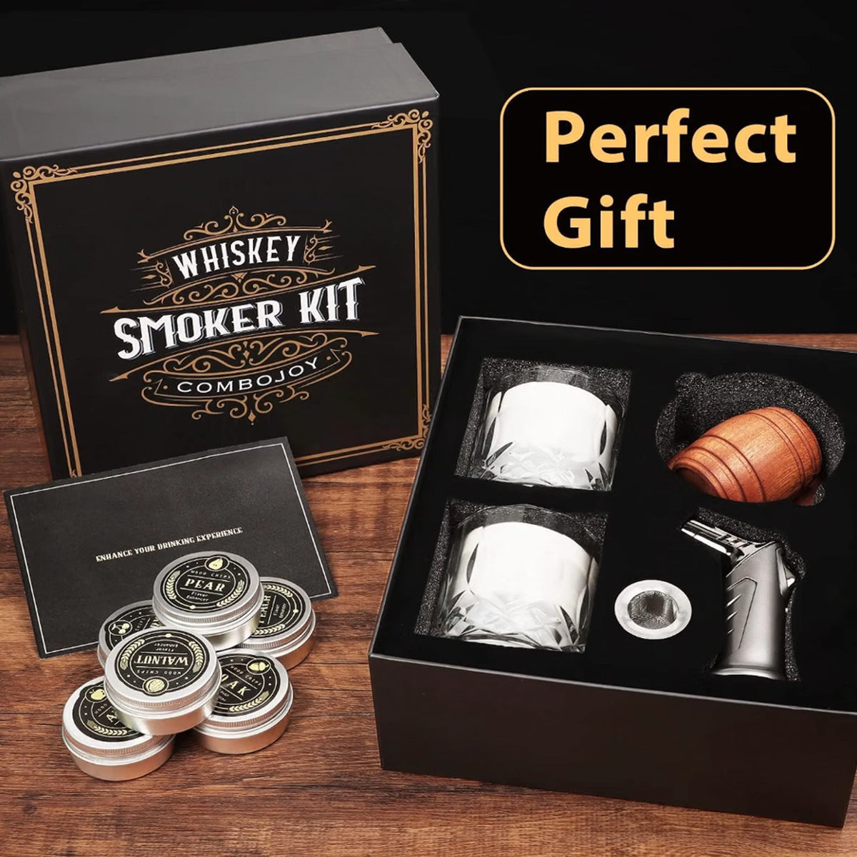 Premium Whiskey Smoker Kit with Torch, 6 Wood Chip Flavors, 2 Whiskey Glasses & 2 Ice Ball Molds (Butane Not Included)