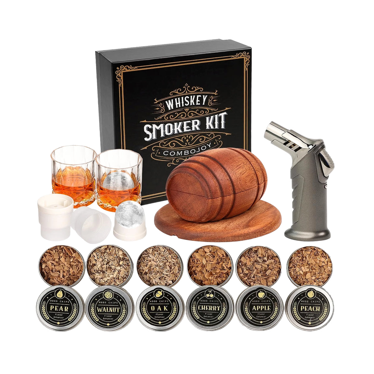 Premium Whiskey Smoker Kit with Torch, 6 Wood Chip Flavors, 2 Whiskey Glasses & 2 Ice Ball Molds (Butane Not Included)