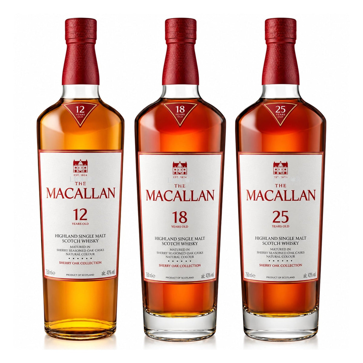 The Macallan Sherry Oak 12, 18 & 25 Year Scotch Whisky Bundle 750ml - Liquor Boutique