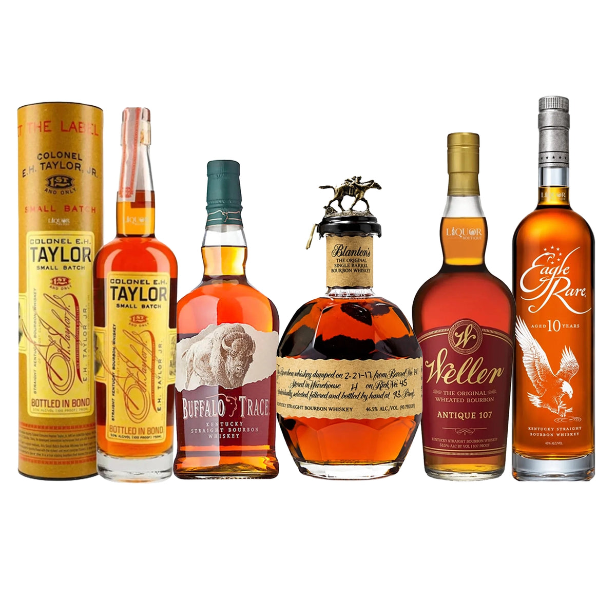 E.H Taylor Small Batch, Buffalo Trace, Blanton's, Weller 107 Antique, & Eagle Rare Whiskey Bundle 750ml