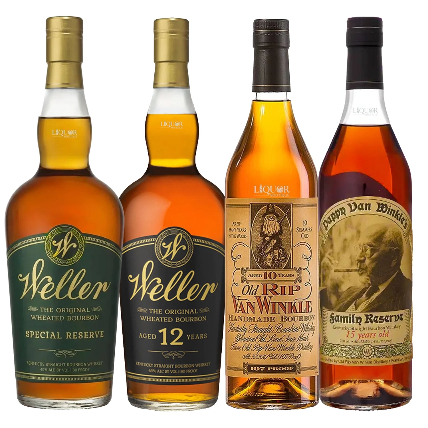 Weller Special Reserve, Weller 12 Year, Old Rip Van Winkle 10 Year, & Pappy Van Winkle Family Reserve 15 Year Bourbon Whiskey Bundle 750ml